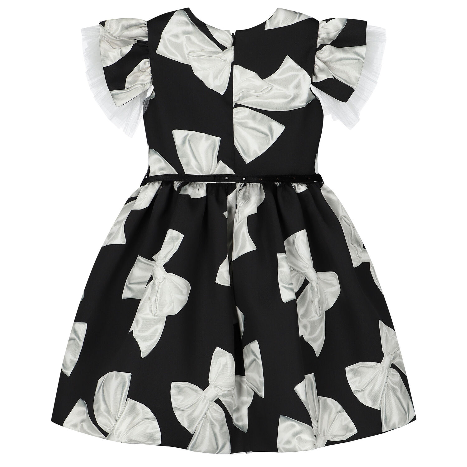 Girls Black Satin Bow Dress, 2, hi-res